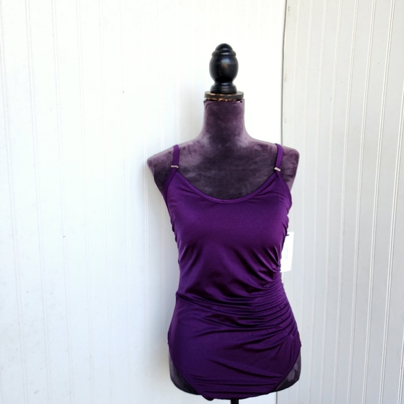NWT $108 Calvin Klein Swimwear Starburst Shiny Purple Eggplant Swimsuit Size 12 - Picture 2 of 16